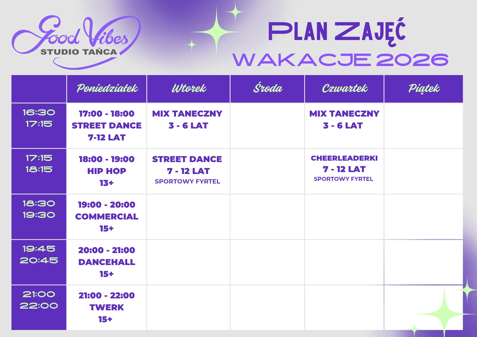 Plakat: PLAN ZAJĘĆ - WAKACJE 2026